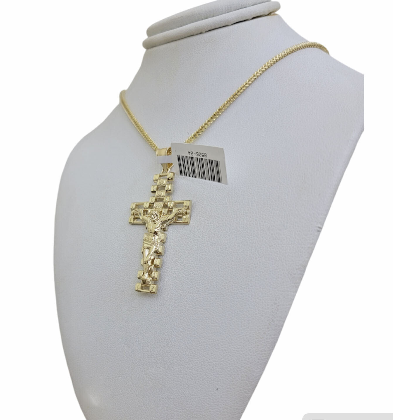 Real 10k Gold Franco Chain Cross Charm SET 24 Inch 2mm Necklace Jesus Pendant - Reva Jeweler