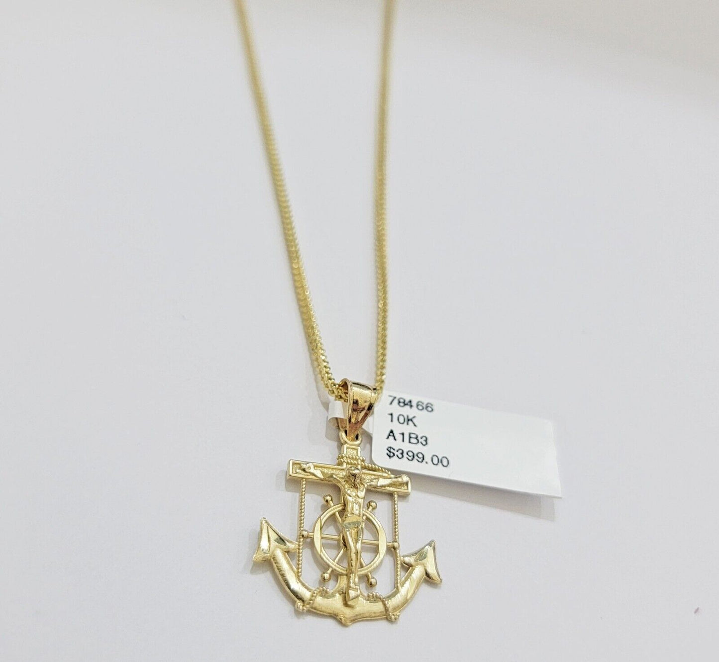 Real 10k Gold Franco Chain Jesus Anchor Charm Pendant Necklace SET Men Women - Reva Jeweler