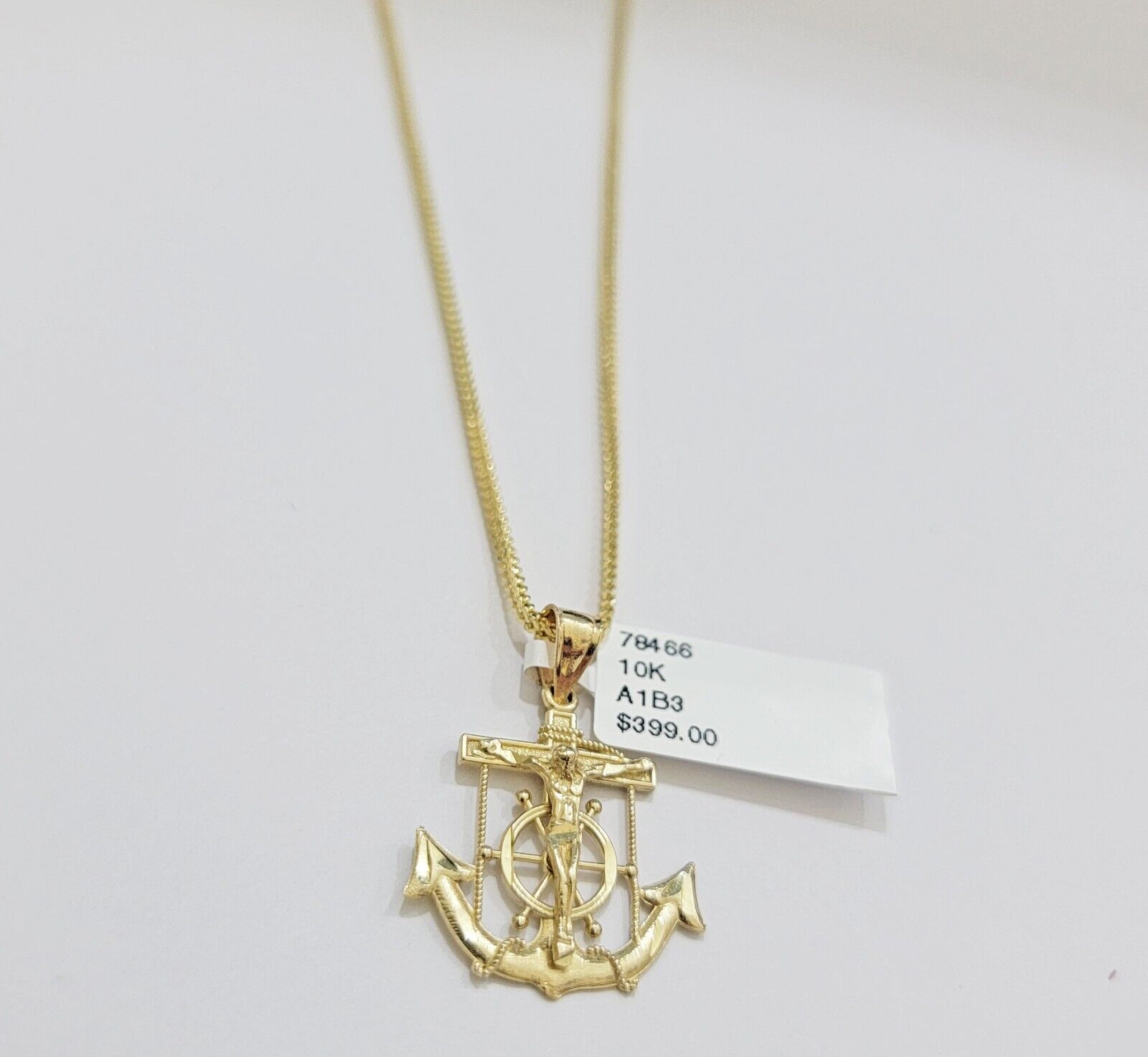 Real 10k Gold Franco Chain Jesus Anchor Charm Pendant Necklace SET Men Women - Reva Jeweler