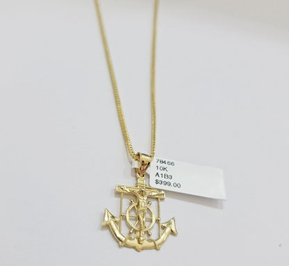 Real 10k Gold Franco Chain Jesus Anchor Charm Pendant Necklace SET Men Women - Reva Jeweler