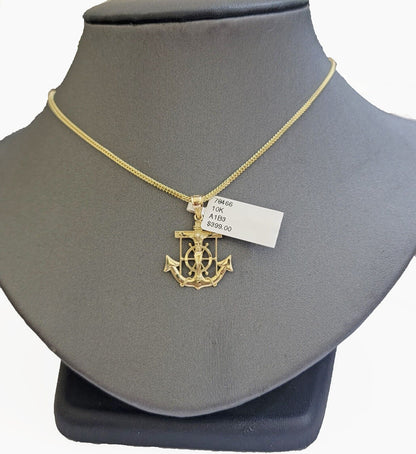 Real 10k Gold Franco Chain Jesus Anchor Charm Pendant Necklace SET Men Women - Reva Jeweler