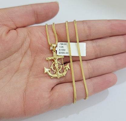 Real 10k Gold Franco Chain Jesus Anchor Charm Pendant Necklace SET Men Women - Reva Jeweler
