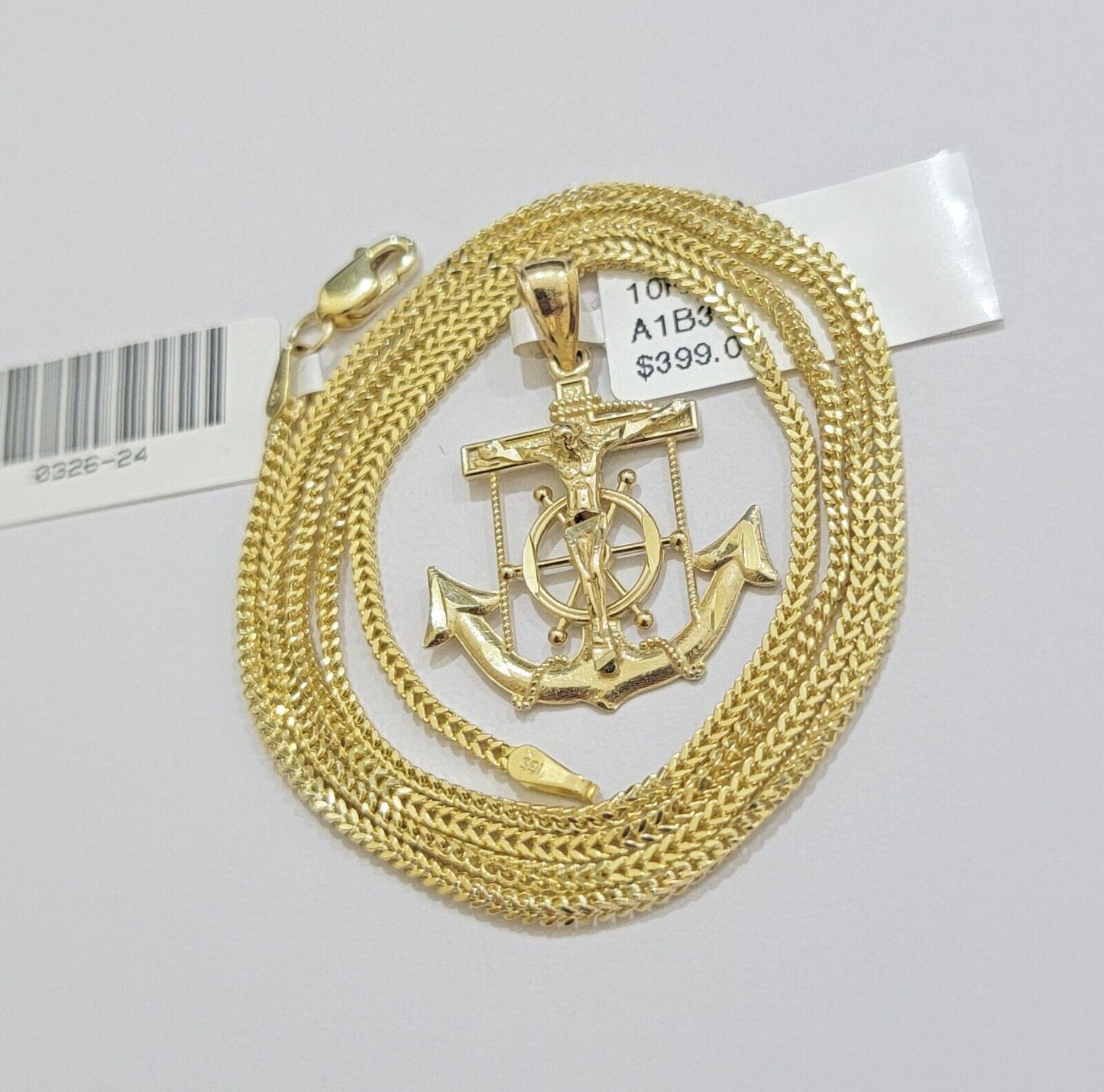 Real 10k Gold Franco Chain Jesus Anchor Charm Pendant Necklace SET Men Women - Reva Jeweler