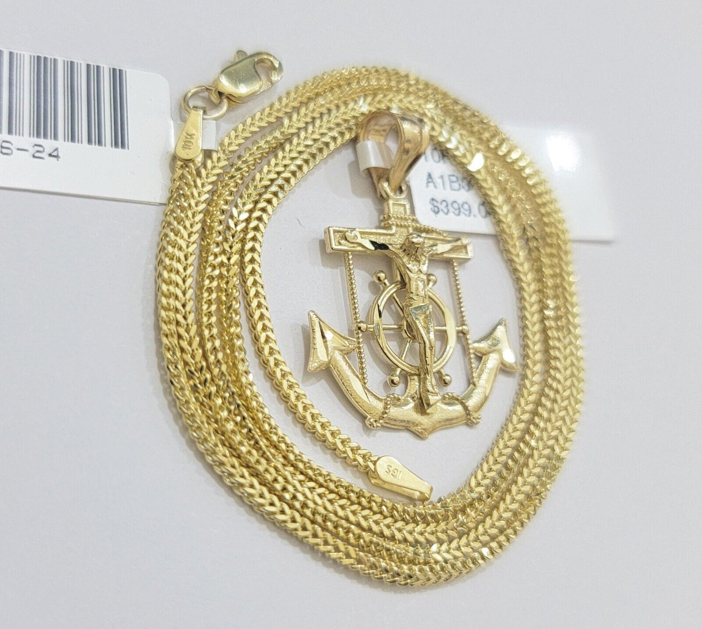 Real 10k Gold Franco Chain Jesus Anchor Charm Pendant Necklace SET Men Women - Reva Jeweler