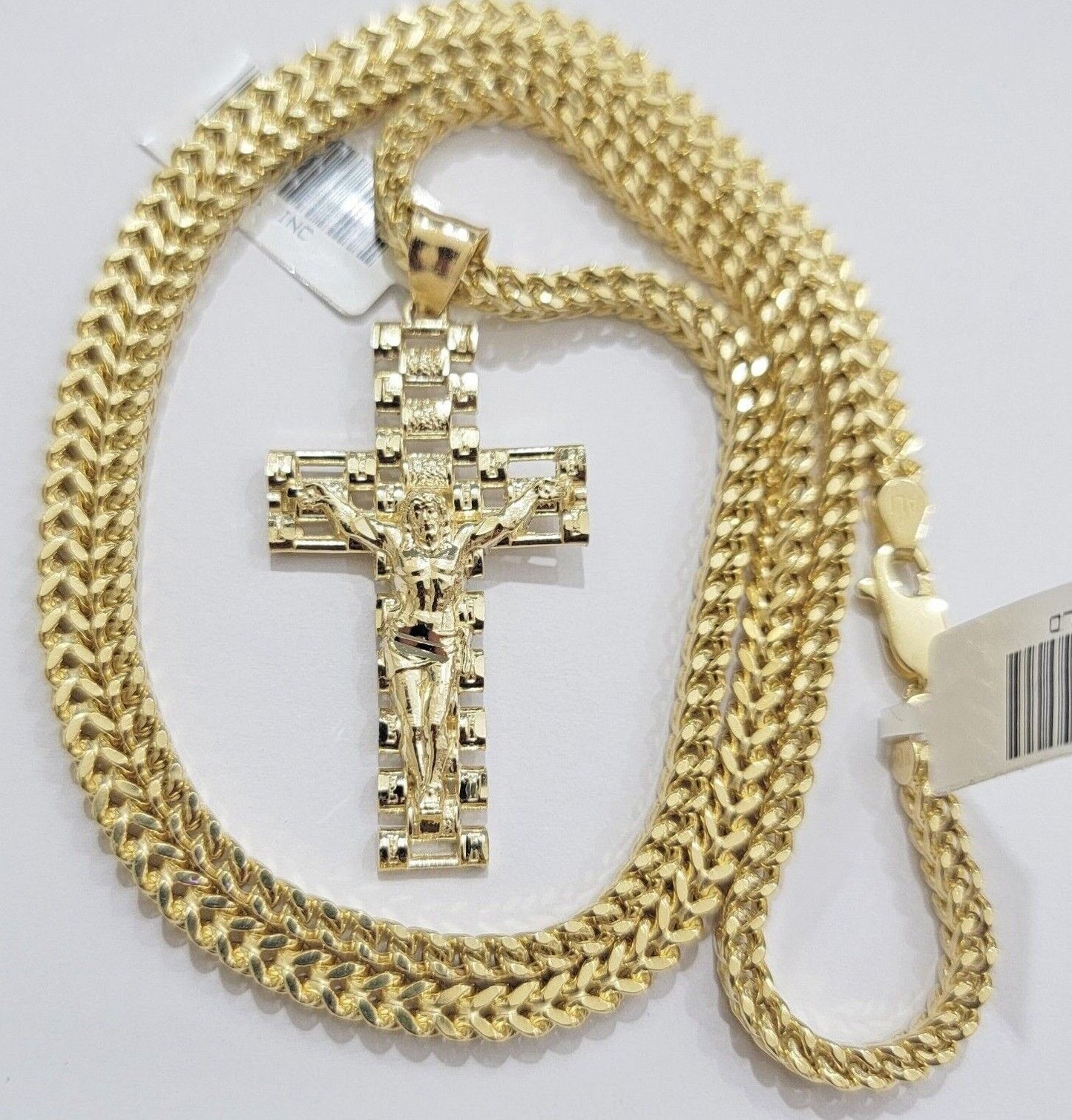 Real 10k Gold Franco chain & Jesus Cross Charm pendant , 3mm Necklace ,Men Women - Reva Jeweler