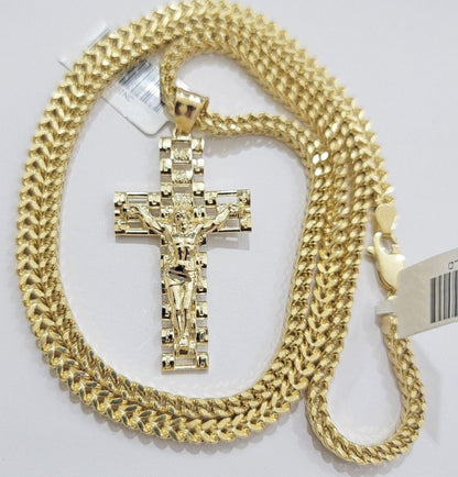 Real 10k Gold Franco chain & Jesus Cross Charm pendant , 3mm Necklace ,Men Women - Reva Jeweler
