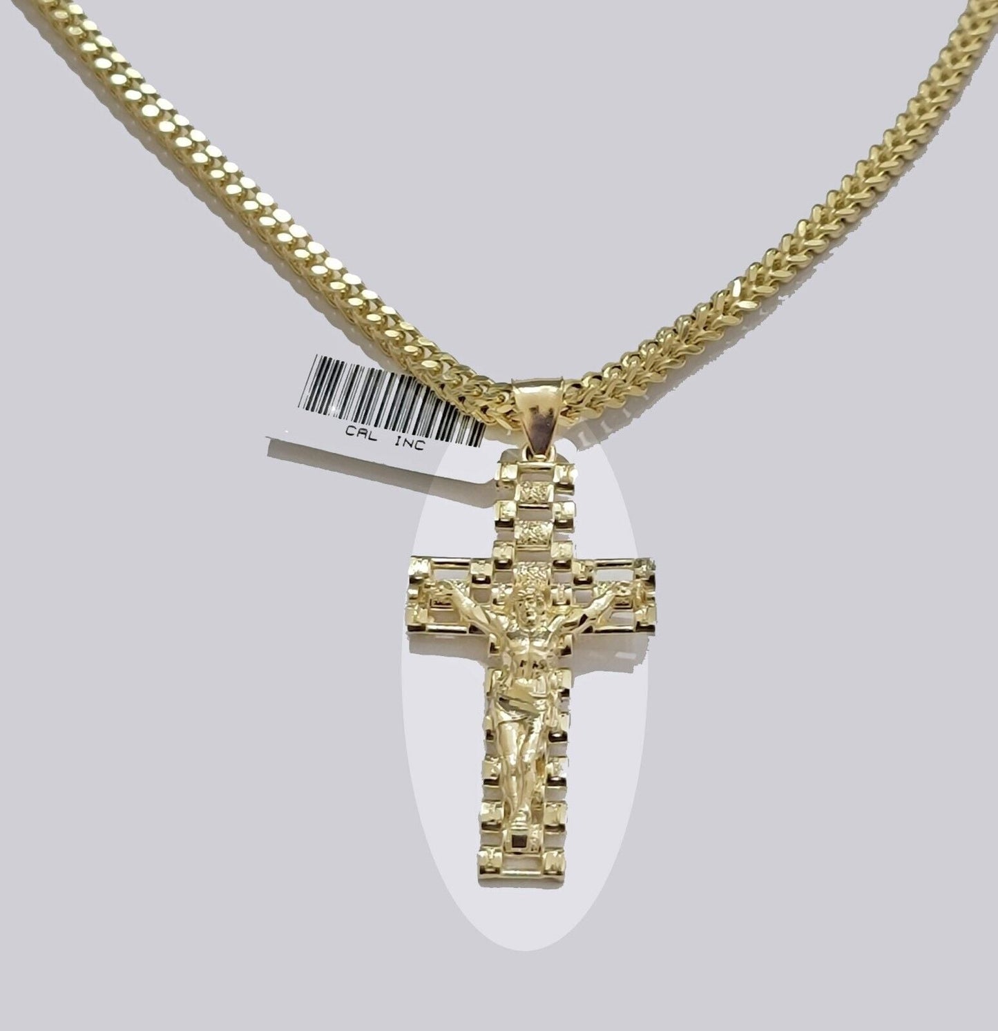 Real 10k Gold Franco chain & Jesus Cross Charm pendant , 3mm Necklace ,Men Women - Reva Jeweler