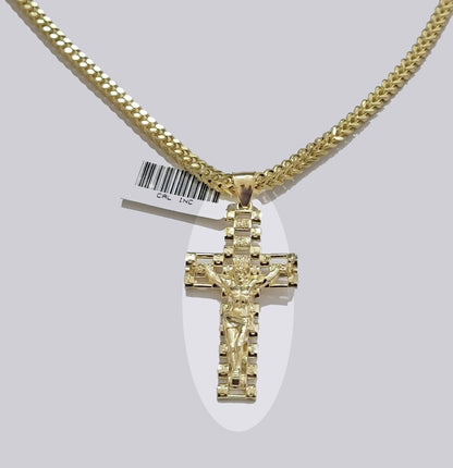 Real 10k Gold Franco chain & Jesus Cross Charm pendant , 3mm Necklace ,Men Women - Reva Jeweler