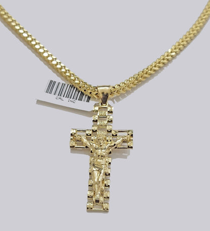 Real 10k Gold Franco chain & Jesus Cross Charm pendant , 3mm Necklace ,Men Women - Reva Jeweler