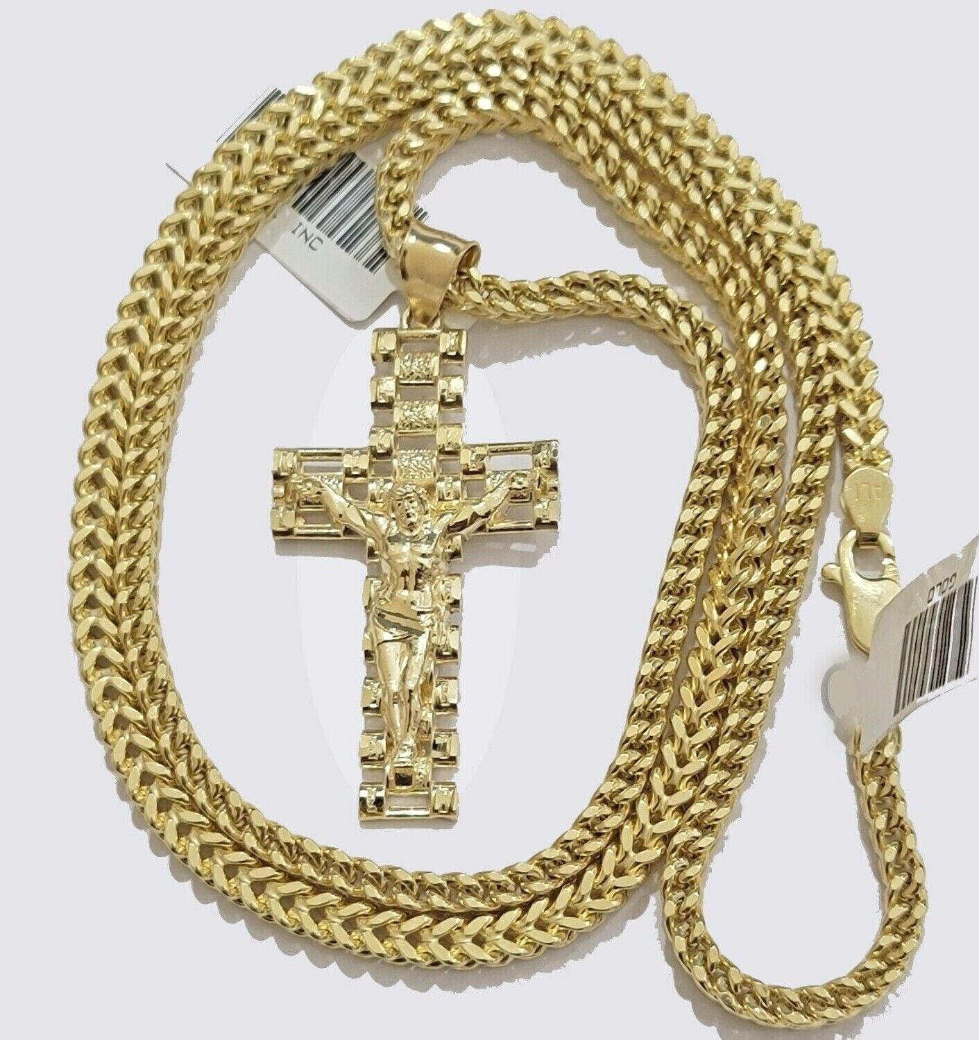 Real 10k Gold Franco chain & Jesus Cross Charm pendant , 3mm Necklace ,Men Women - Reva Jeweler