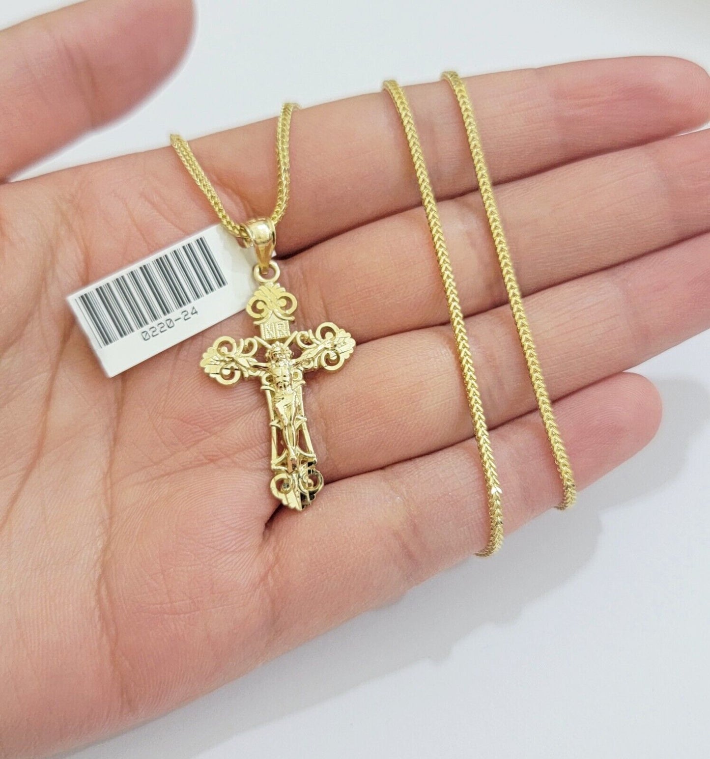 Real 10k Gold Franco Chain Jesus Cross Charm Pendant Necklace SET Men Women - Reva Jeweler