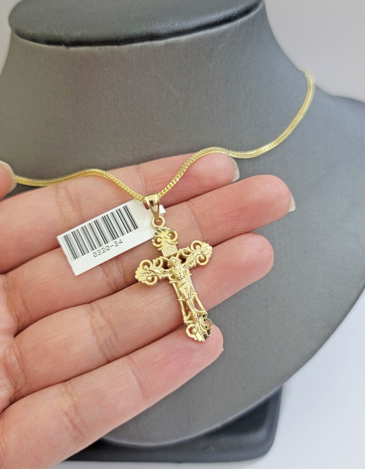 Real 10k Gold Franco Chain Jesus Cross Charm Pendant Necklace SET Men Women - Reva Jeweler