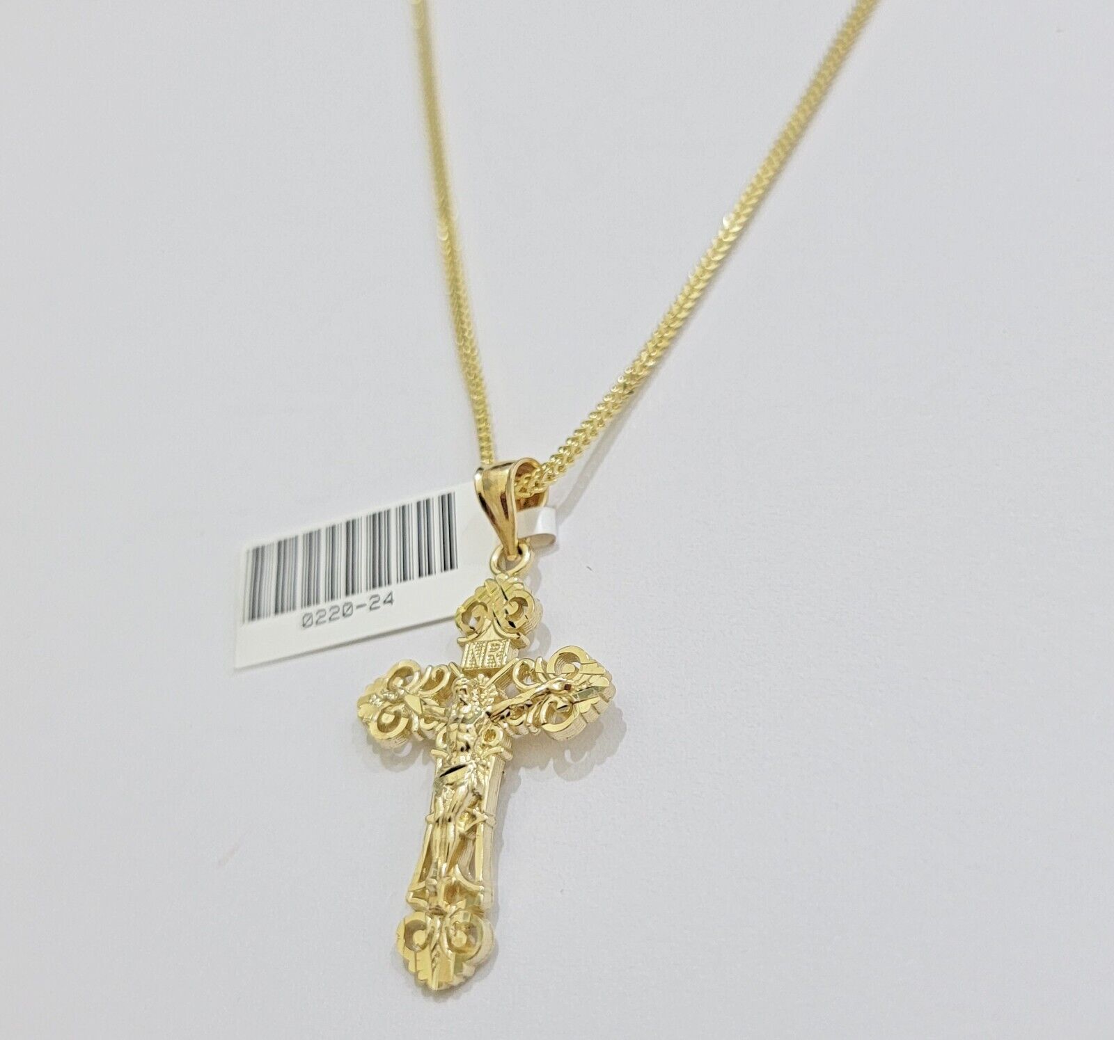 Real 10k Gold Franco Chain Jesus Cross Charm Pendant Necklace SET Men Women - Reva Jeweler