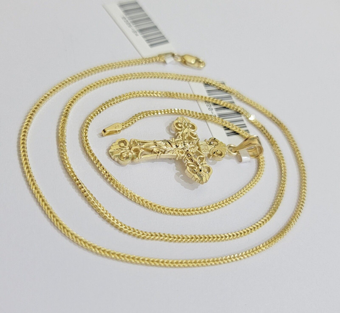 Real 10k Gold Franco Chain Jesus Cross Charm Pendant Necklace SET Men Women - Reva Jeweler