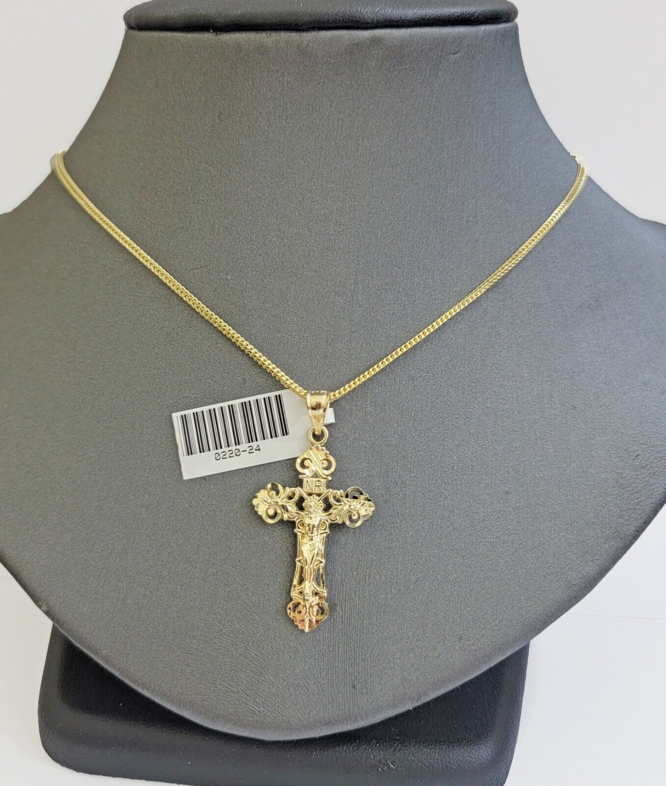 Real 10k Gold Franco Chain Jesus Cross Charm Pendant Necklace SET Men Women - Reva Jeweler