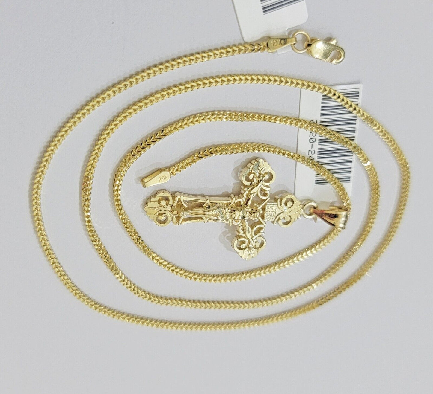 Real 10k Gold Franco Chain Jesus Cross Charm Pendant Necklace SET Men Women - Reva Jeweler