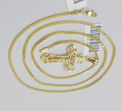Real 10k Gold Franco Chain Jesus Cross Charm Pendant Necklace SET Men Women - Reva Jeweler