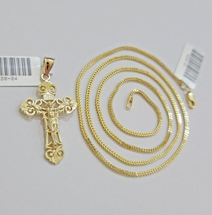 Real 10k Gold Franco Chain Jesus Cross Charm Pendant Necklace SET Men Women - Reva Jeweler