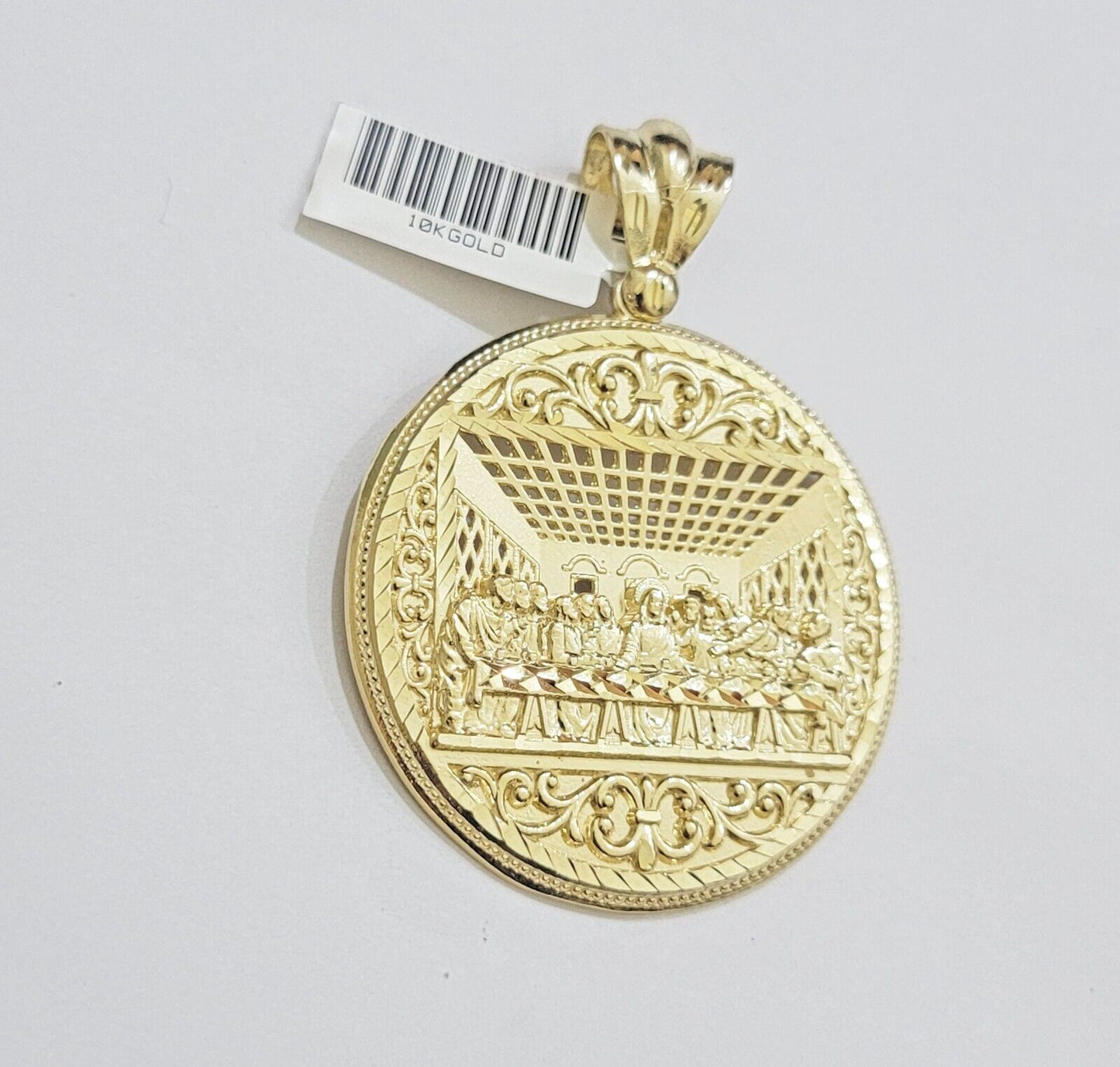 REAL 10k Gold Franco Chain & Last Supper Charm Pendant SET Necklace 26 Inch 3mm - Reva Jeweler