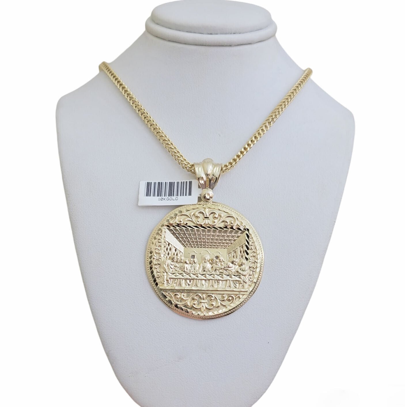 REAL 10k Gold Franco Chain & Last Supper Charm Pendant SET Necklace 26 Inch 3mm - Reva Jeweler