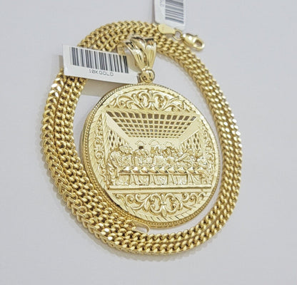 REAL 10k Gold Franco Chain & Last Supper Charm Pendant SET Necklace 26 Inch 3mm - Reva Jeweler