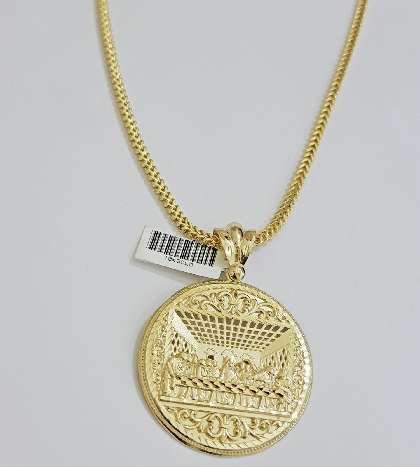 REAL 10k Gold Franco Chain & Last Supper Charm Pendant SET Necklace 26 Inch 3mm - Reva Jeweler