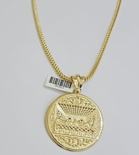 REAL 10k Gold Franco Chain & Last Supper Charm Pendant SET Necklace 26 Inch 3mm - Reva Jeweler