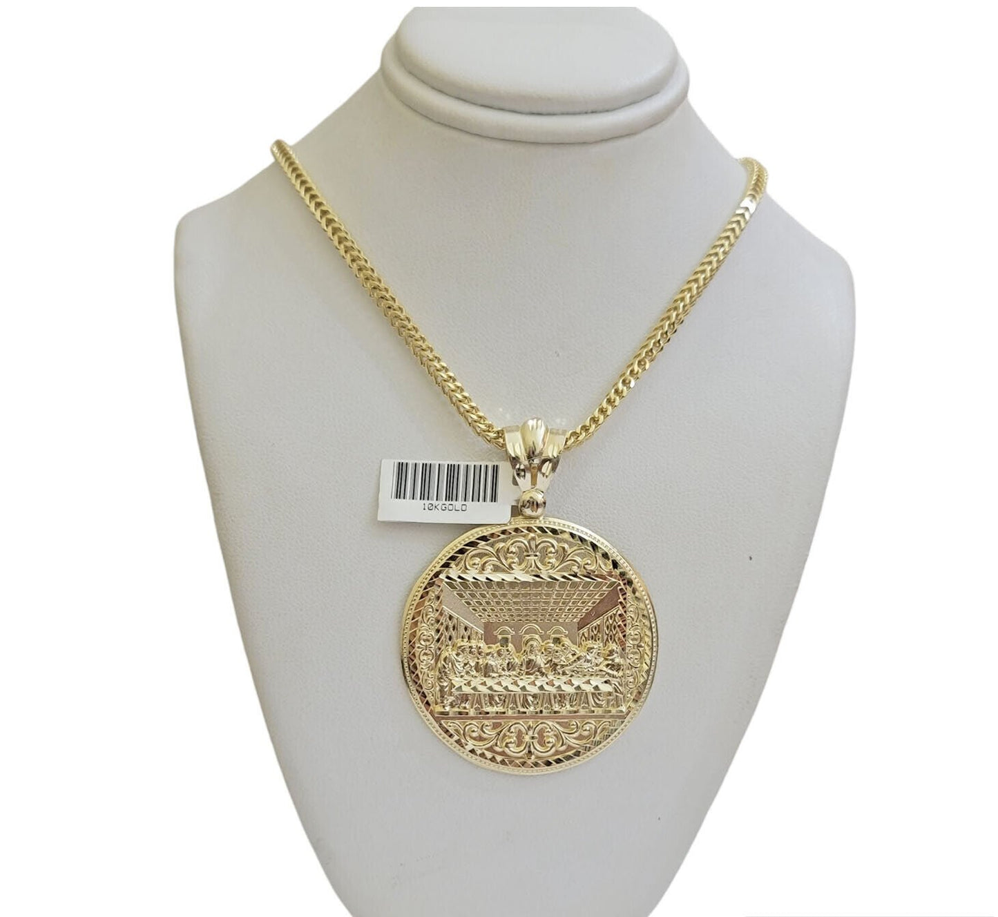 REAL 10k Gold Franco Chain Last Supper Pendant SET Necklace 20" - 26 Inch - Reva Jeweler