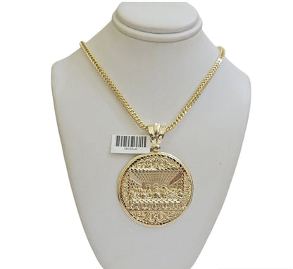 REAL 10k Gold Franco Chain Last Supper Pendant SET Necklace 20" - 26 Inch - Reva Jeweler