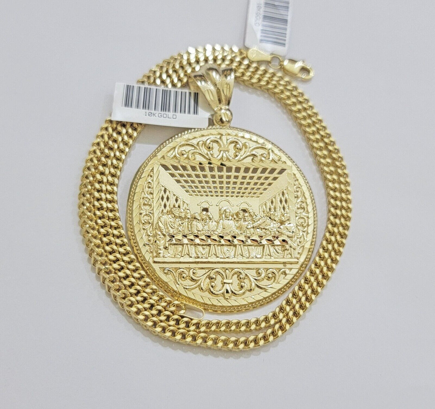 REAL 10k Gold Franco Chain Last Supper Pendant SET Necklace 20" - 26 Inch - Reva Jeweler