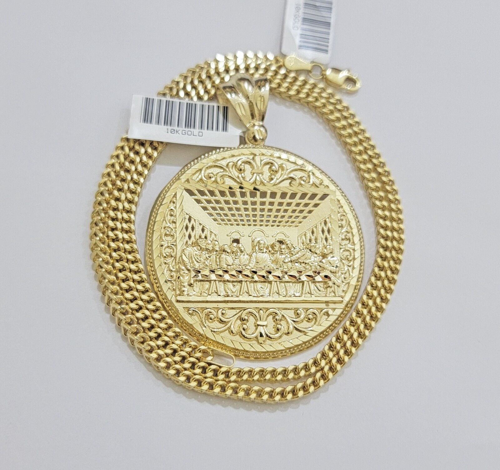 REAL 10k Gold Franco Chain Last Supper Pendant SET Necklace 20" - 26 Inch - Reva Jeweler
