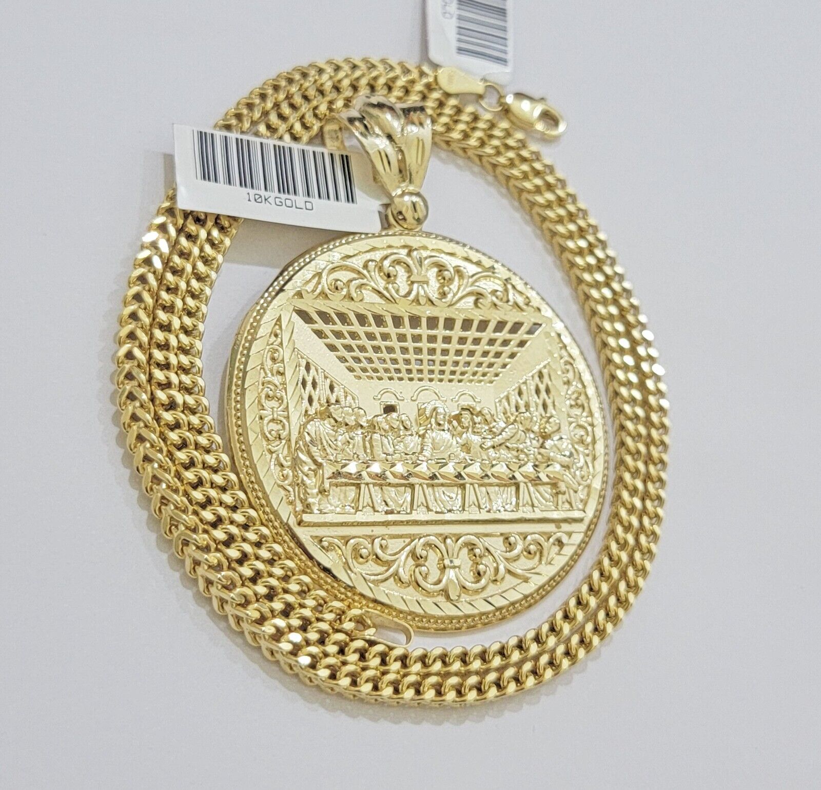 REAL 10k Gold Franco Chain Last Supper Pendant SET Necklace 20" - 26 Inch - Reva Jeweler