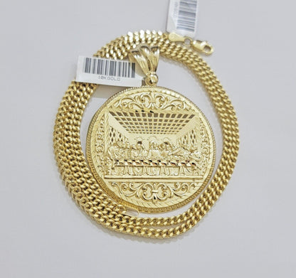 REAL 10k Gold Franco Chain Last Supper Pendant SET Necklace 3mm 20" Inch Choker - Reva Jeweler