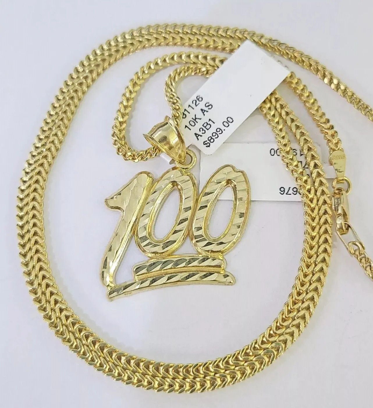 Real 10k Gold Franco Chain Necklace With 100 Sign Charm Pendant SET 18 - 26 inch - Reva Jeweler