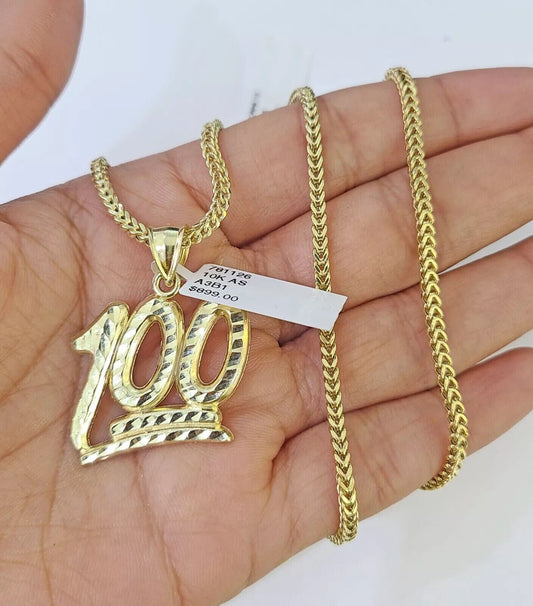 Real 10k Gold Franco Chain Necklace With 100 Sign Charm Pendant SET 18 - 26 inch - Reva Jeweler