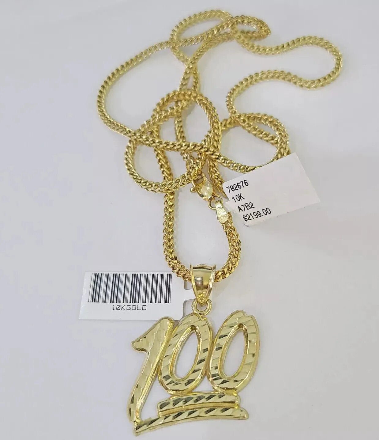 Real 10k Gold Franco Chain Necklace With 100 Sign Charm Pendant SET 18 - 26 inch - Reva Jeweler