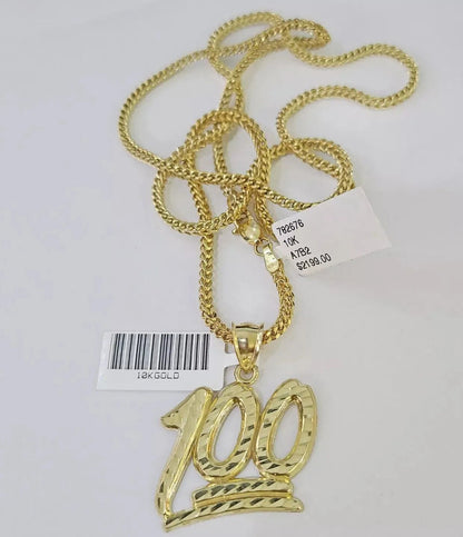 Real 10k Gold Franco Chain Necklace With 100 Sign Charm Pendant SET 18 - 26 inch - Reva Jeweler