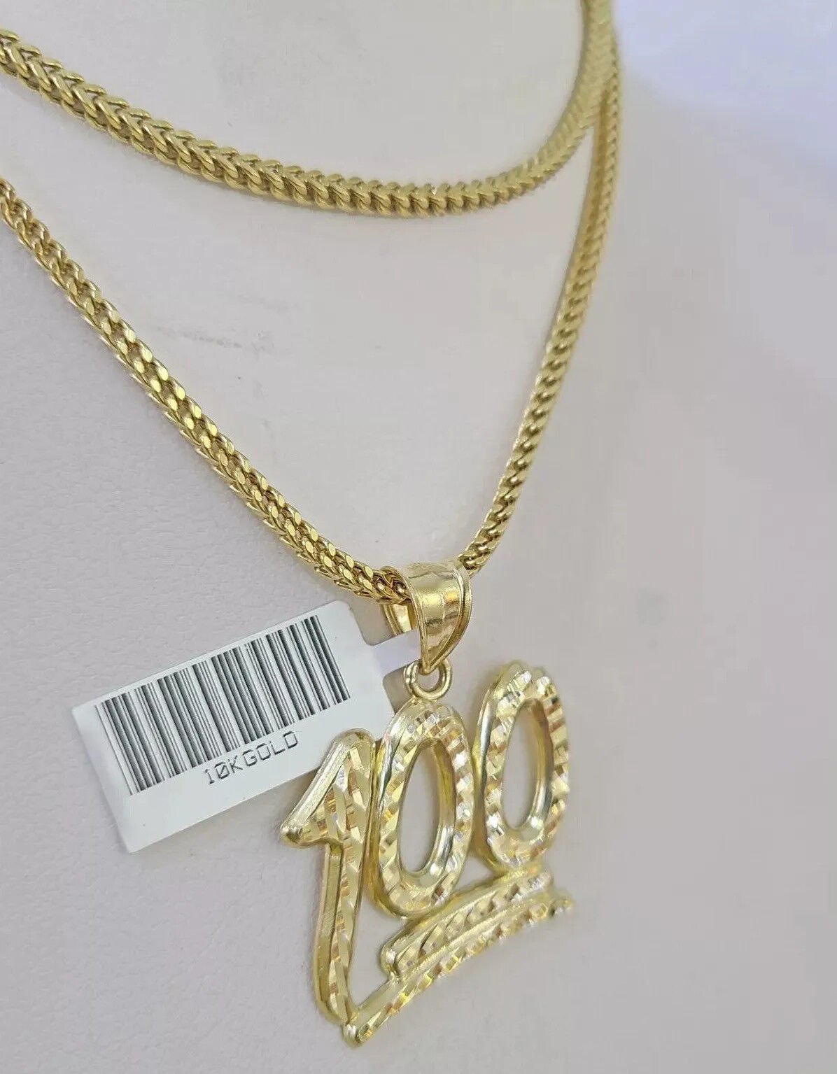 Real 10k Gold Franco Chain Necklace With 100 Sign Charm Pendant SET 18 - 26 inch - Reva Jeweler