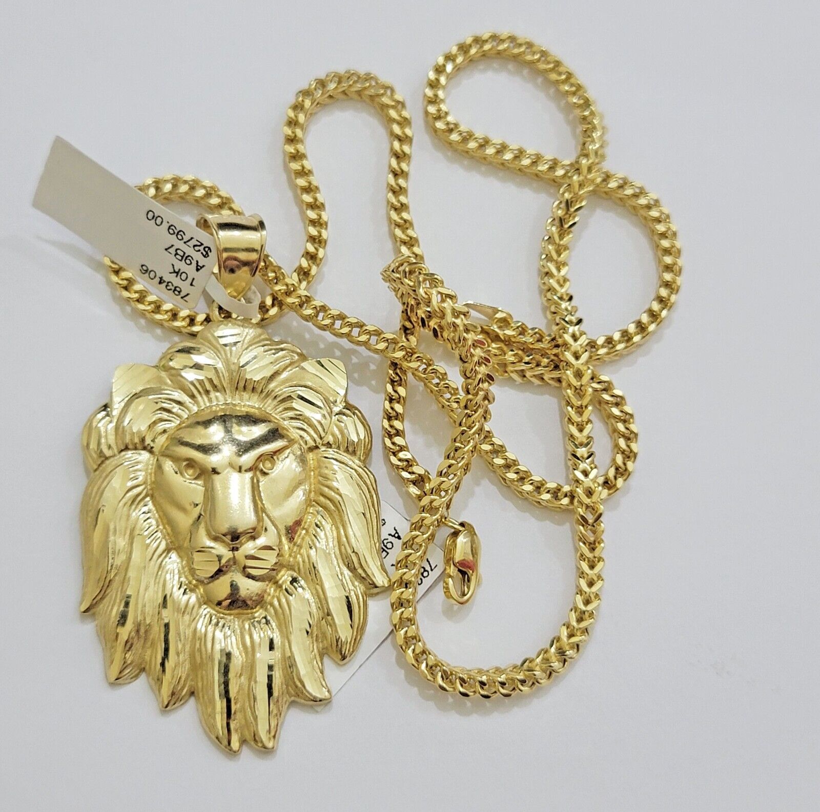 REAL 10k Gold Franco Necklace Charm Lion Head Pendant SET 20 - 26 Inch 3mm Chain - Reva Jeweler