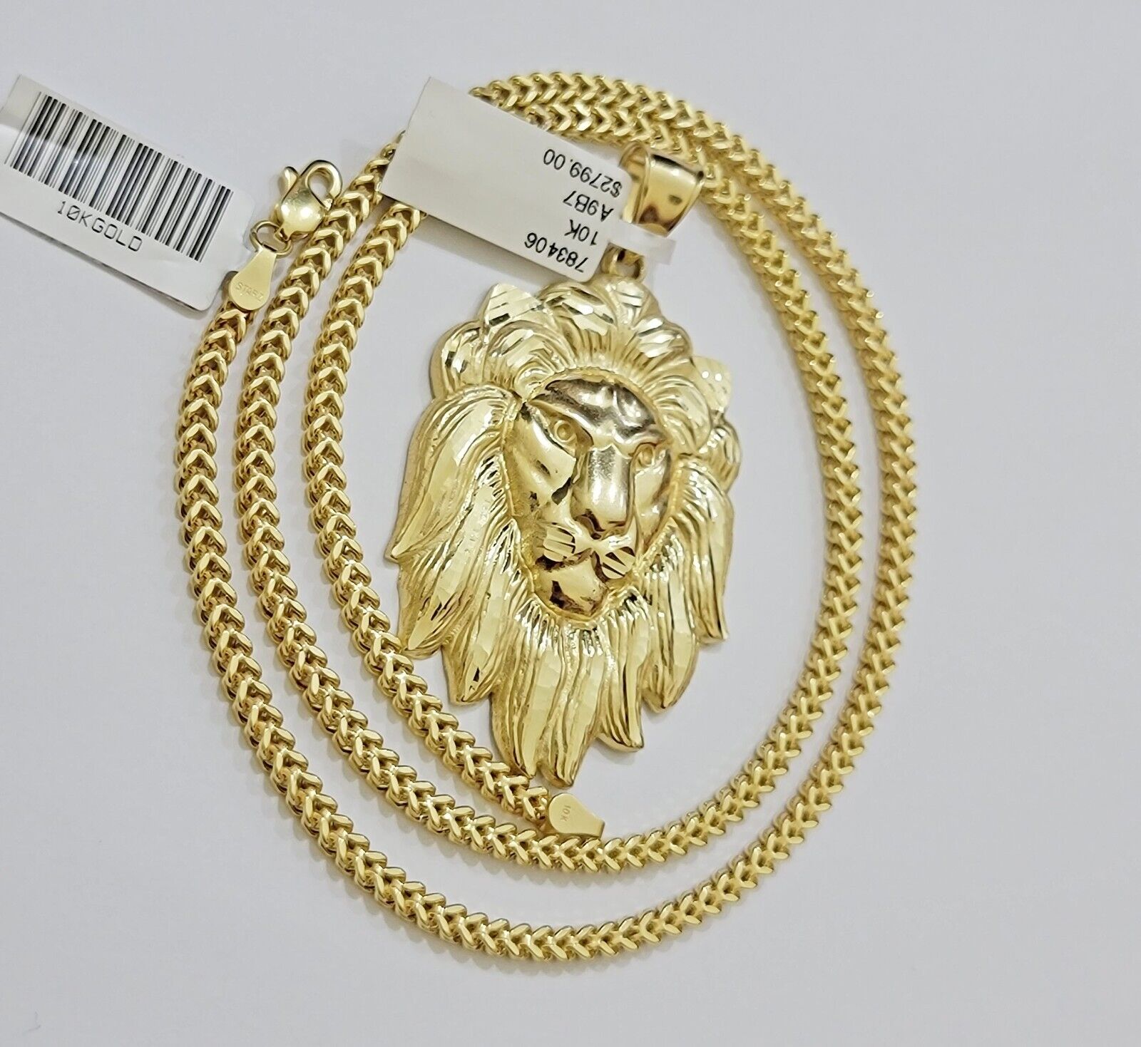 REAL 10k Gold Franco Necklace Charm Lion Head Pendant SET 20 - 26 Inch 3mm Chain - Reva Jeweler