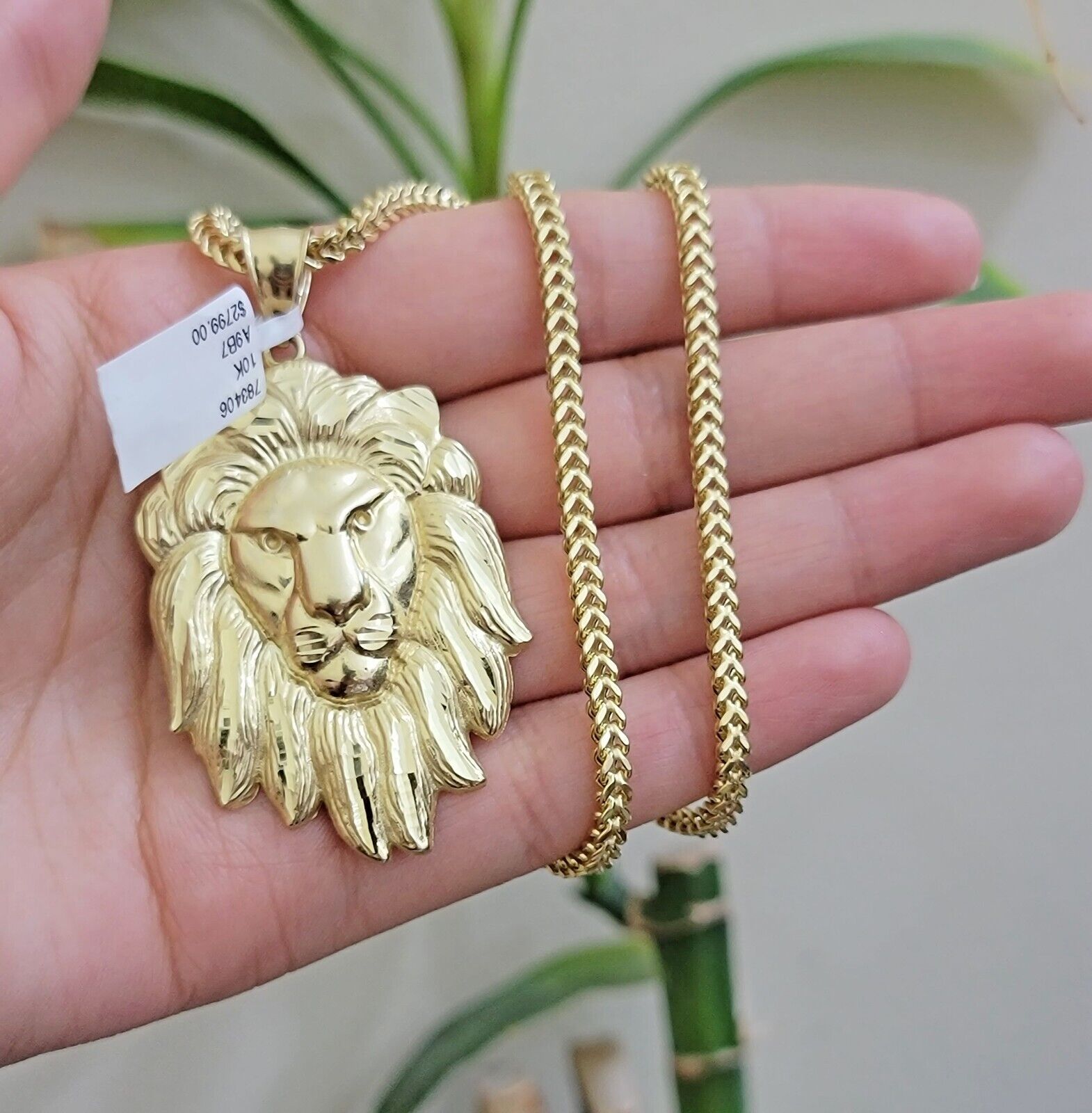 REAL 10k Gold Franco Necklace Charm Lion Head Pendant SET 20 - 26 Inch 3mm Chain - Reva Jeweler