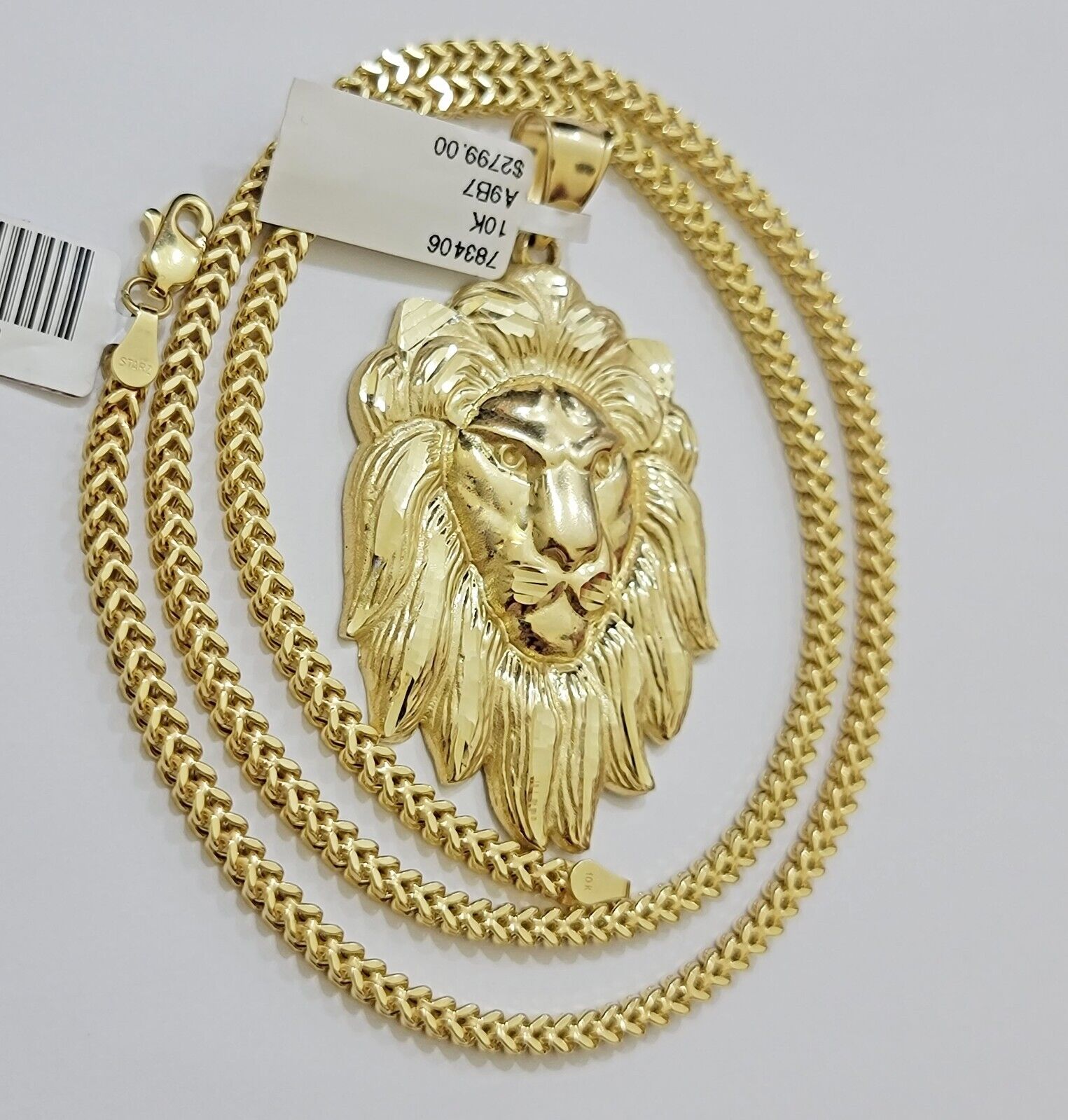 REAL 10k Gold Franco Necklace Charm Lion Head Pendant SET 20 - 26 Inch 3mm Chain - Reva Jeweler