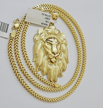 REAL 10k Gold Franco Necklace Charm Lion Head Pendant SET 20 - 26 Inch 3mm Chain - Reva Jeweler