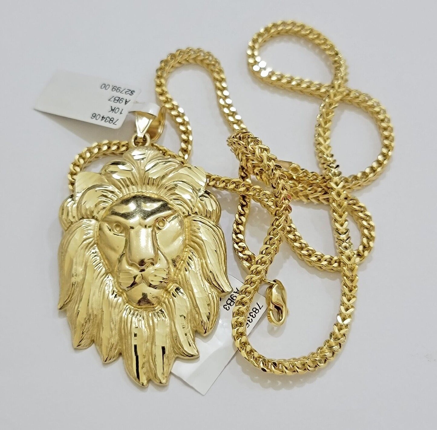 REAL 10k Gold Franco Necklace Charm Lion Head Pendant SET 20 - 26 Inch 3mm Chain - Reva Jeweler