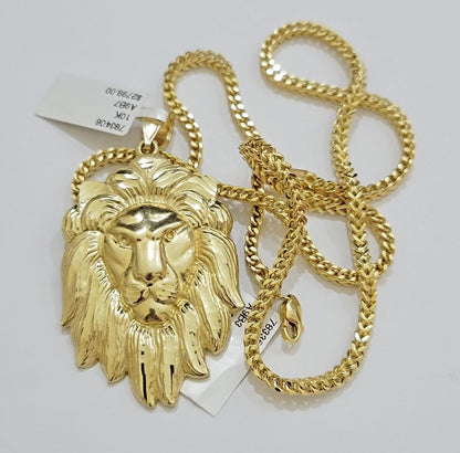 REAL 10k Gold Franco Necklace Charm Lion Head Pendant SET 20 - 26 Inch 3mm Chain - Reva Jeweler