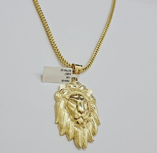 REAL 10k Gold Franco Necklace Charm Lion Head Pendant SET 20 - 26 Inch 3mm Chain - Reva Jeweler