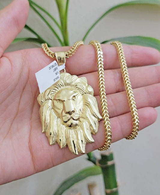 REAL 10k Gold Franco Necklace Charm Lion Head Pendant SET 20 - 26 Inch 3mm Chain - Reva Jeweler