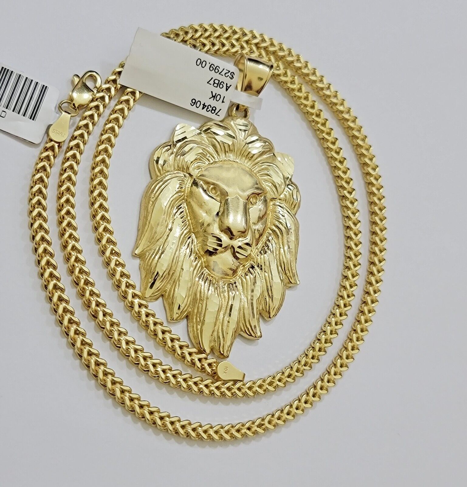 REAL 10k Gold Franco Necklace Charm Lion Head Pendant SET 20 - 26 Inch 3mm Chain - Reva Jeweler