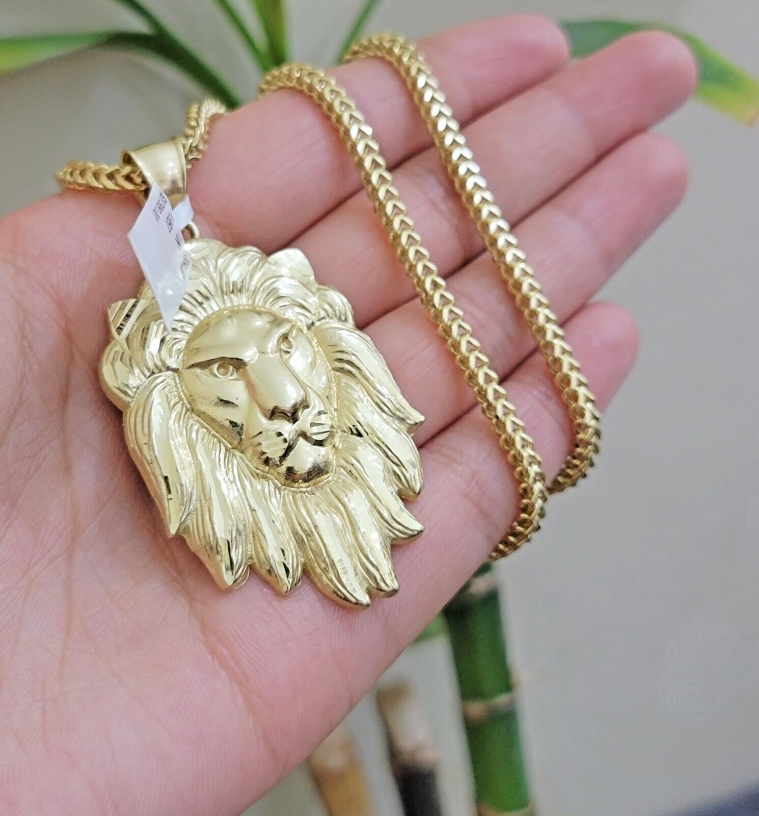 REAL 10k Gold Franco Necklace Charm Lion Head Pendant SET 20 - 26 Inch 3mm Chain - Reva Jeweler