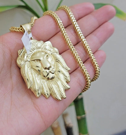 REAL 10k Gold Franco Necklace Charm Lion Head Pendant SET 20 - 26 Inch 3mm Chain - Reva Jeweler